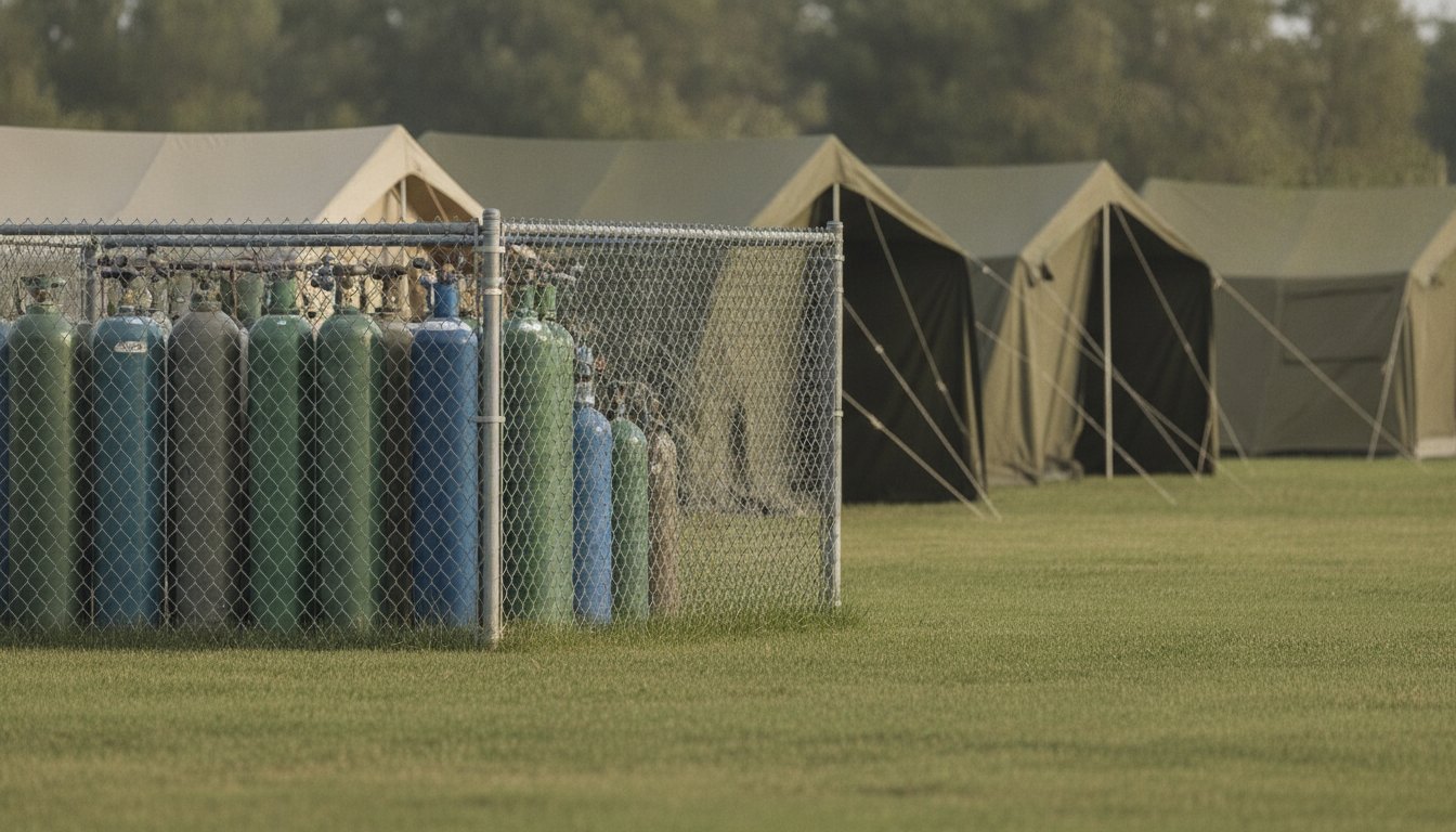 Cilindros de gás organizados em uma área cercada próxima a tendas de acampamento em um gramado.
