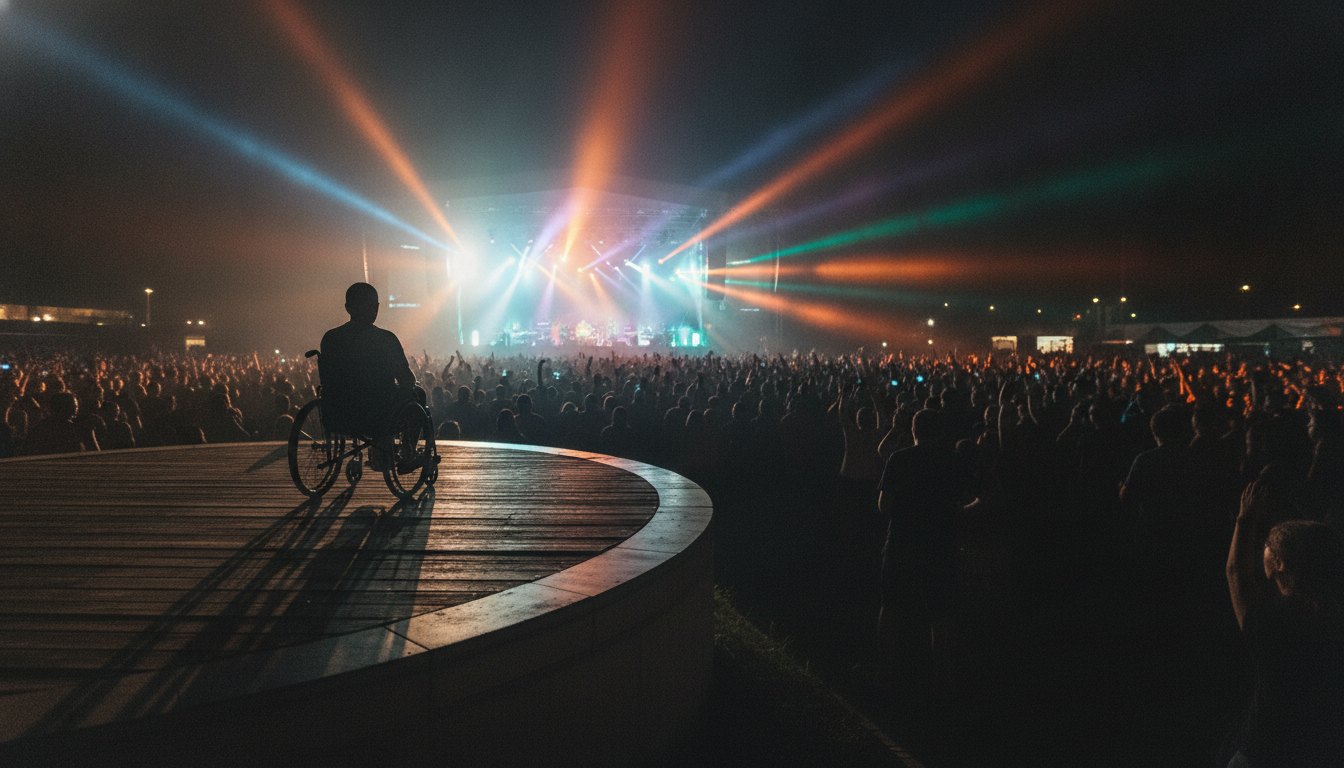 Pessoa em cadeira de rodas sobre plataforma elevada assistindo a um grande show noturno iluminado
