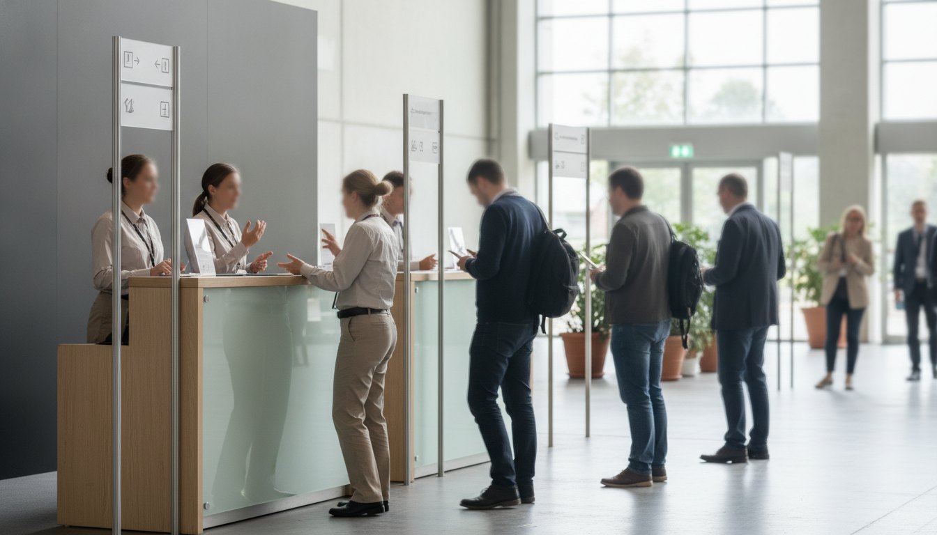 Balcão de atendimento em espaço aberto com placas indicativas e funcionários conversando com o público.
