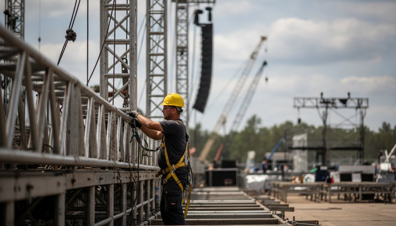 Trabalhador de capacete e cinto de segurança ajustando estrutura metálica de um palco em construção.