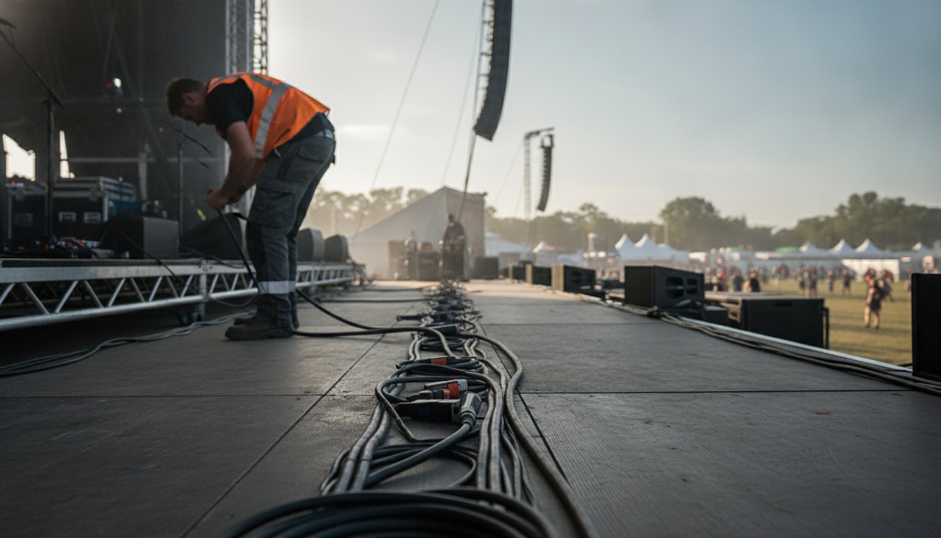 Trabalhador de colete refletivo ajustando cabos de som no palco de um festival de música.