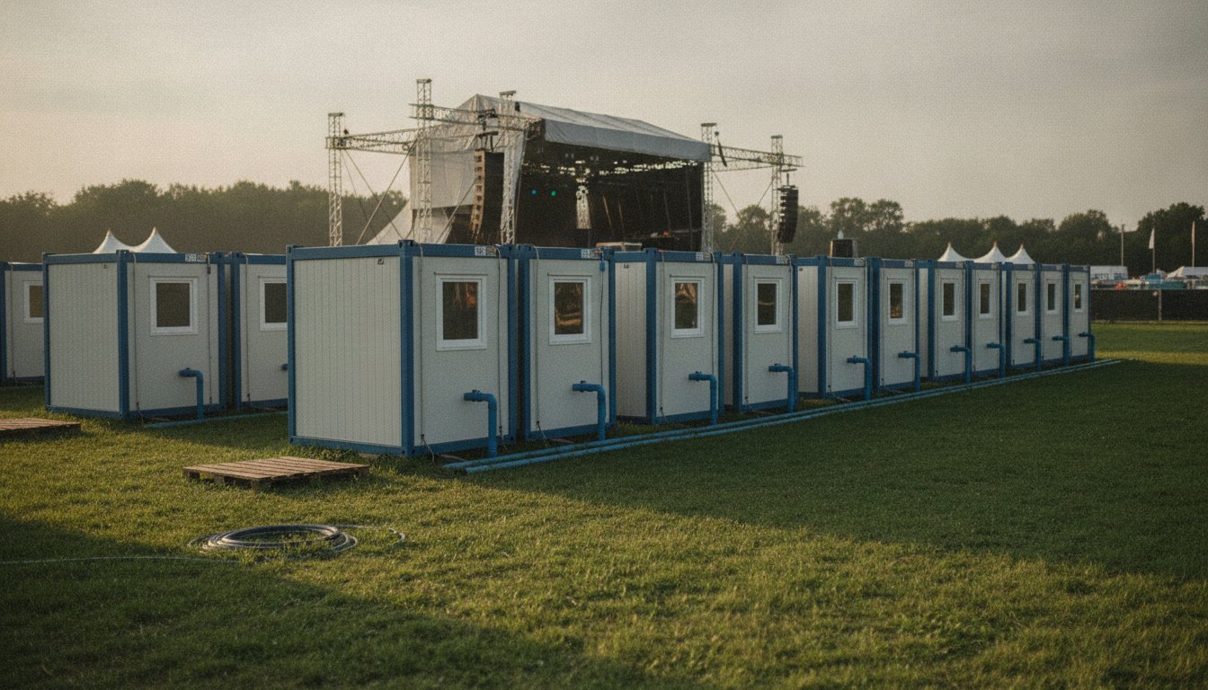 Contêineres sanitários alinhados em um gramado durante a montagem da estrutura de um festival de música.