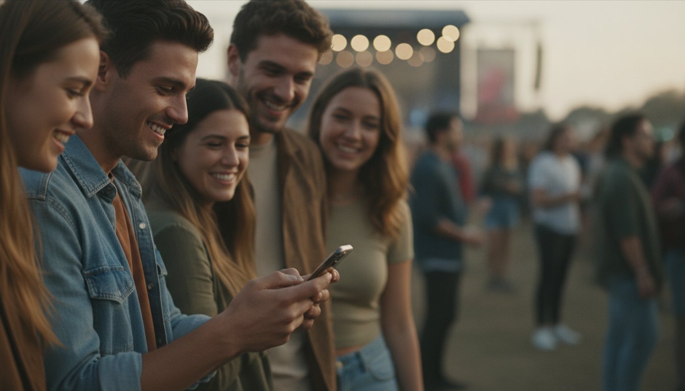 Grupo de jovens sorridentes em um festival de música conferindo a tela de um aparelho celular