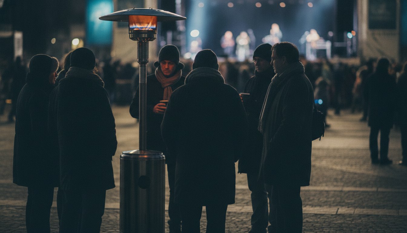 Pessoas agasalhadas ao redor de um aquecedor de pátio a gás durante um show noturno.