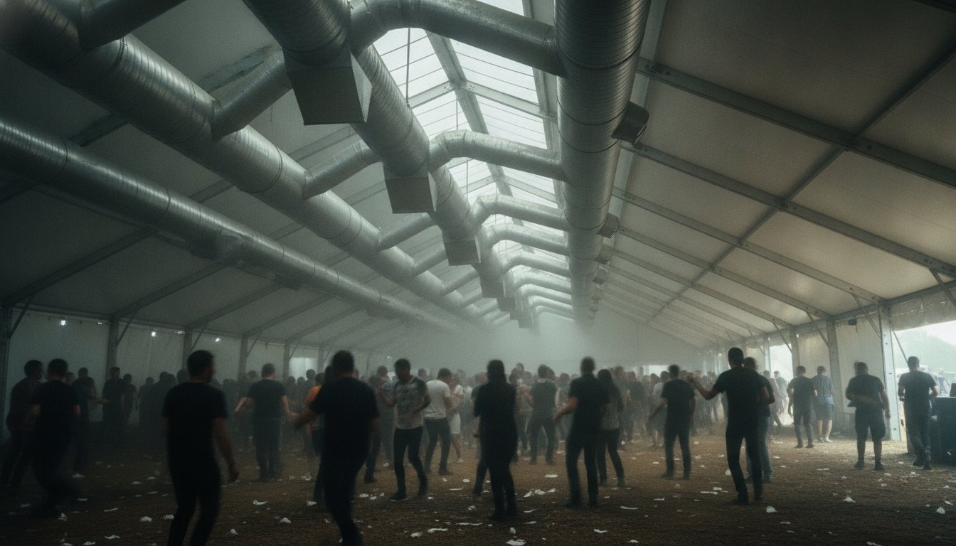 Multidão dançando em uma tenda fechada de festival com grandes dutos de ventilação no teto.