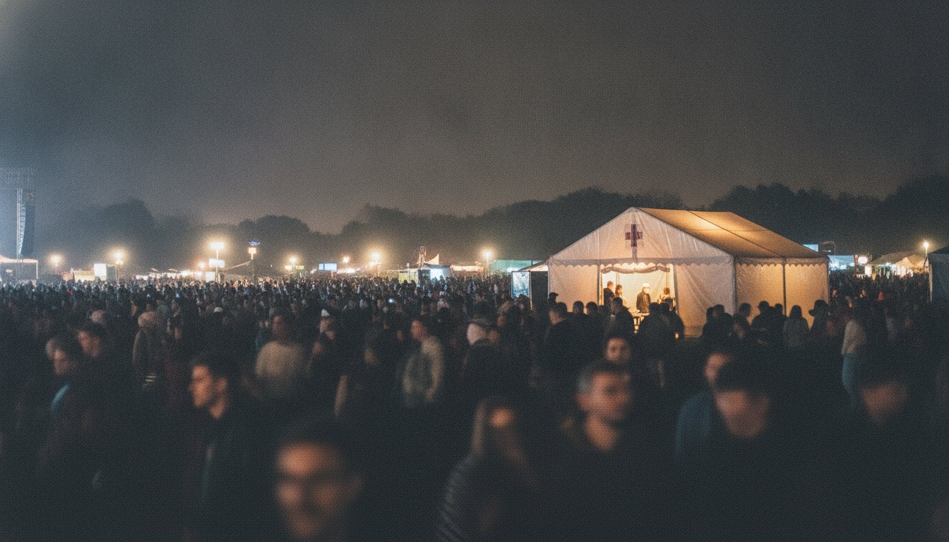 Multidão em festival de música à noite com posto médico iluminado ao fundo.