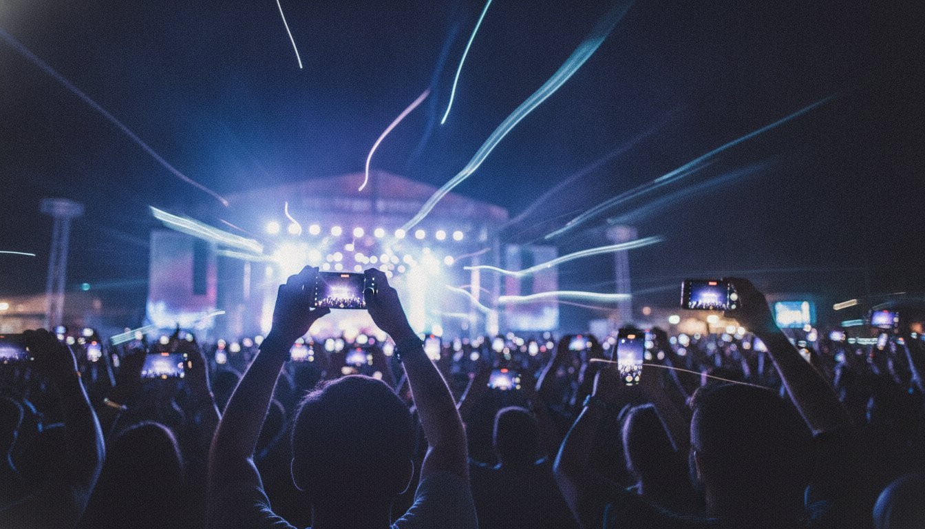 Multidão em um show noturno com várias mãos levantadas segurando celulares para gravar o palco iluminado.