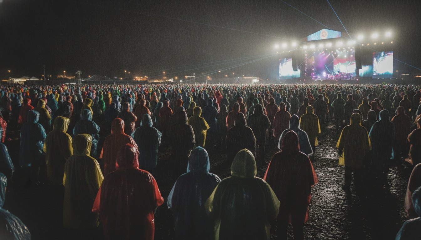 Multidão com capas de chuva coloridas assistindo a um concerto noturno em um grande festival.