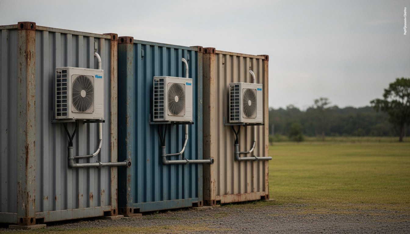 Contêineres metálicos adaptados para bilheteria de evento com aparelhos de ar-condicionado instalados nas laterais.