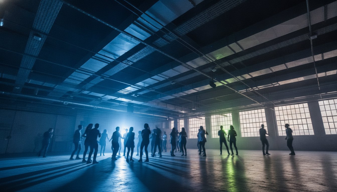 Público dançando em um galpão industrial escuro com luzes cênicas e tubulações visíveis no teto.