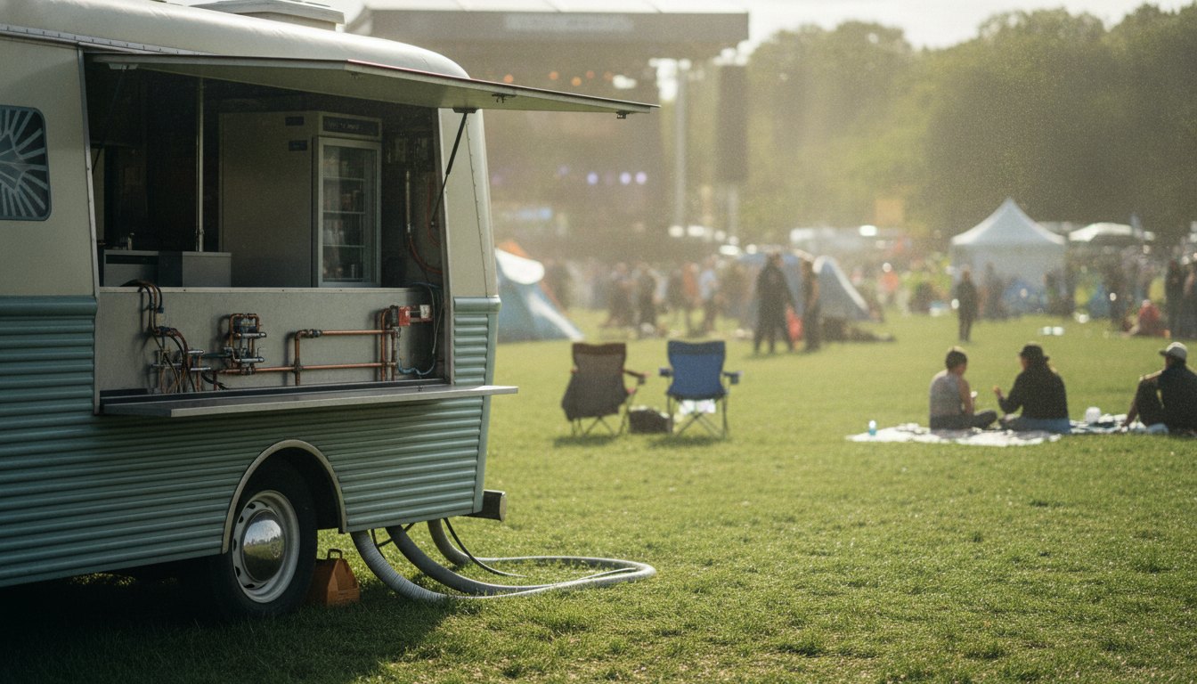 Food truck com janela de atendimento aberta em um gramado durante festival de música.