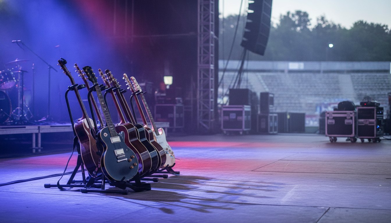 Violões e guitarras repousando em suportes no palco sob iluminação colorida de festival.