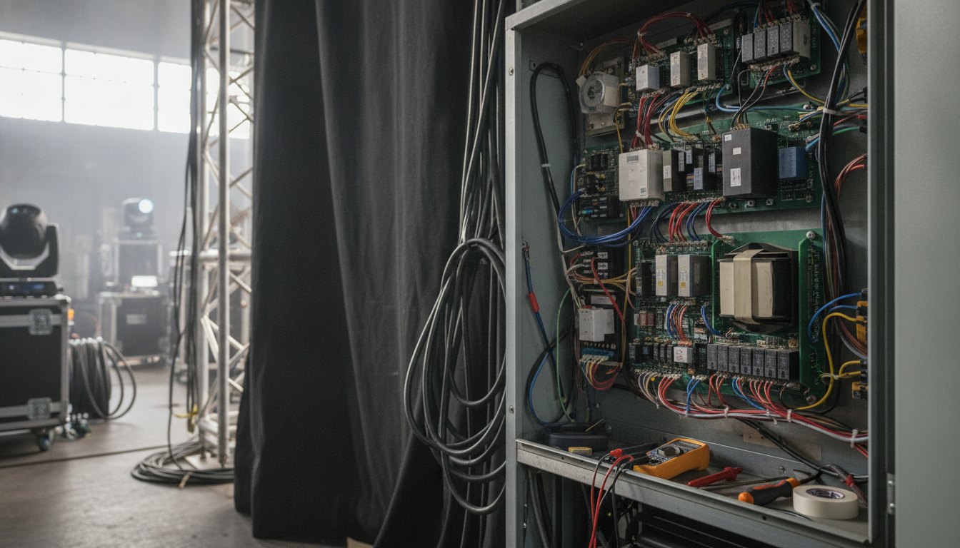 Técnico inspecionando o painel de um aparelho de ar condicionado nos bastidores de um palco.