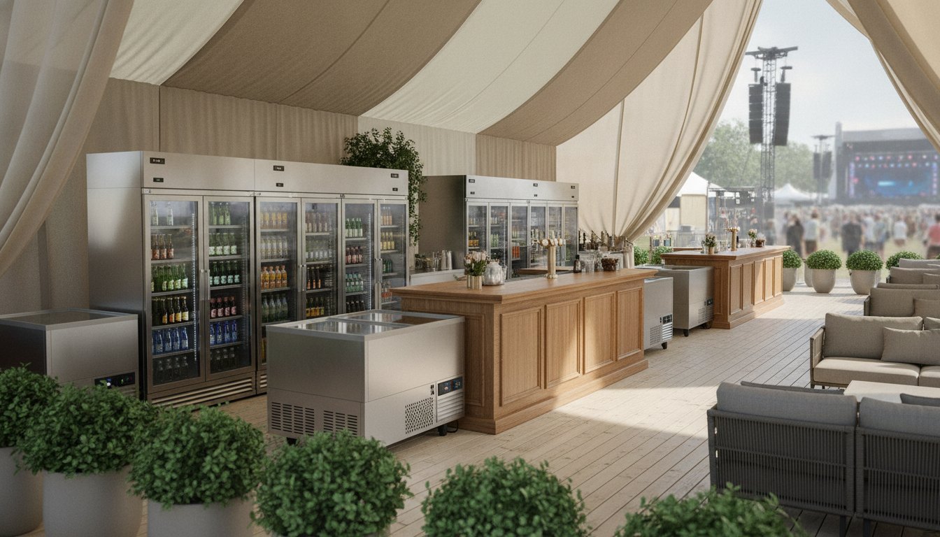 Área VIP de festival de música com balcões de bebidas e equipamentos de refrigeração sob tendas.