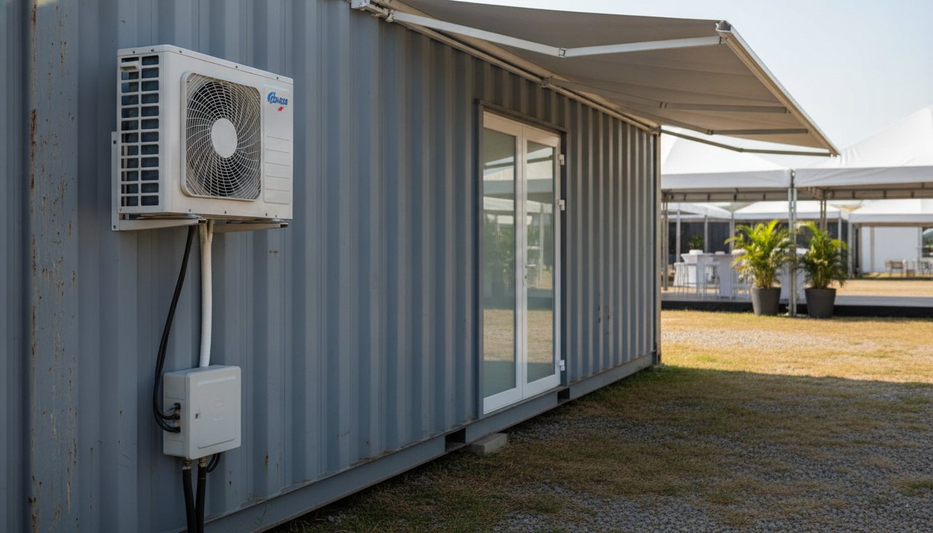 Aparelho de ar condicionado instalado na parede de um contêiner adaptado para eventos.