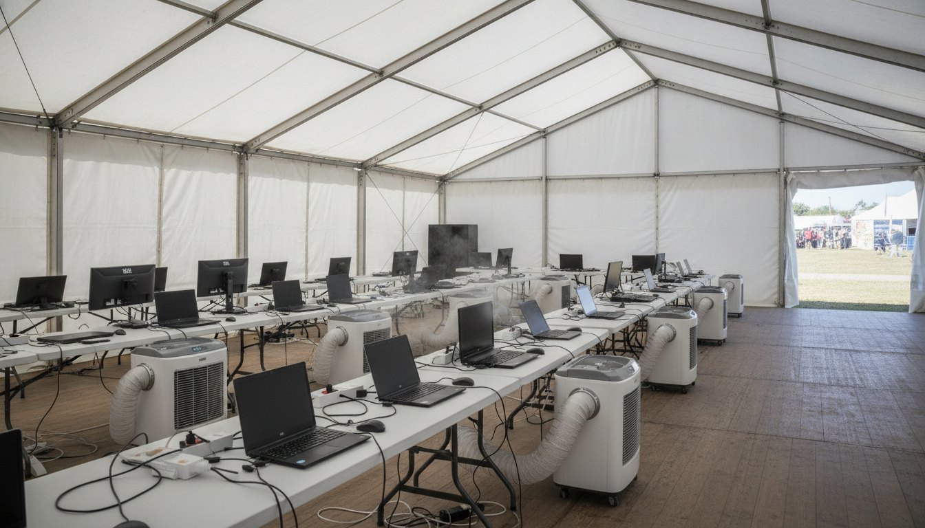 Tenda de imprensa em um festival com computadores sobre mesas e aparelhos de ar-condicionado portáteis.