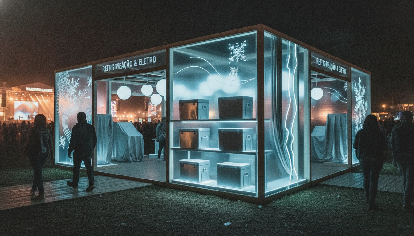 Pessoas circulando em um estande iluminado de marca durante um festival de música noturno.