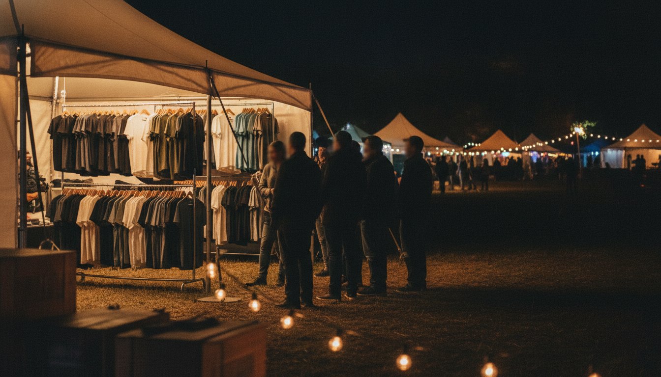 Fila de pessoas aguardando atendimento em uma tenda iluminada de camisetas durante um festival noturno.