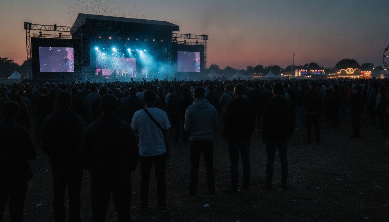 Multidão de costas assistindo a um show em um grande palco de festival ao ar livre.