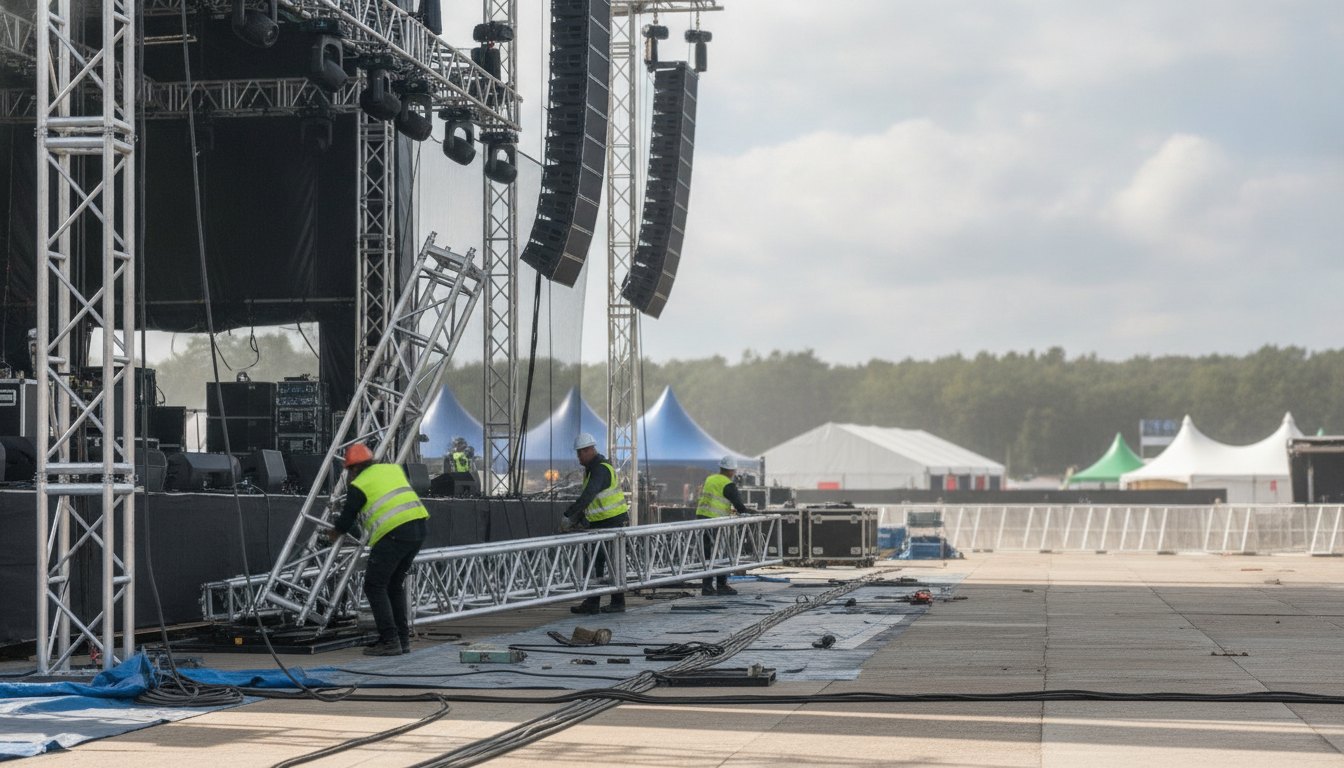 Trabalhadores com capacetes e coletes refletivos ajustando estruturas metálicas no palco de um grande festival.