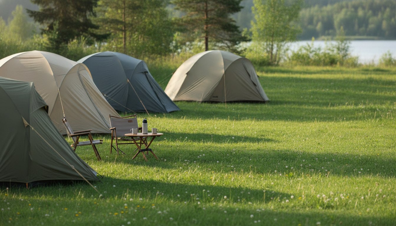 Barracas de acampamento montadas em um gramado verde durante a tarde.