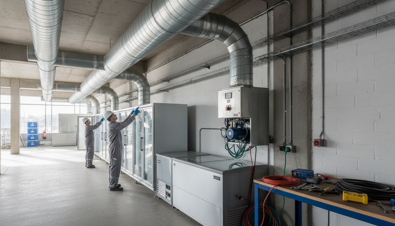 Técnicos inspecionando dutos de ventilação e freezers atrás do balcão de um espaço de eventos.