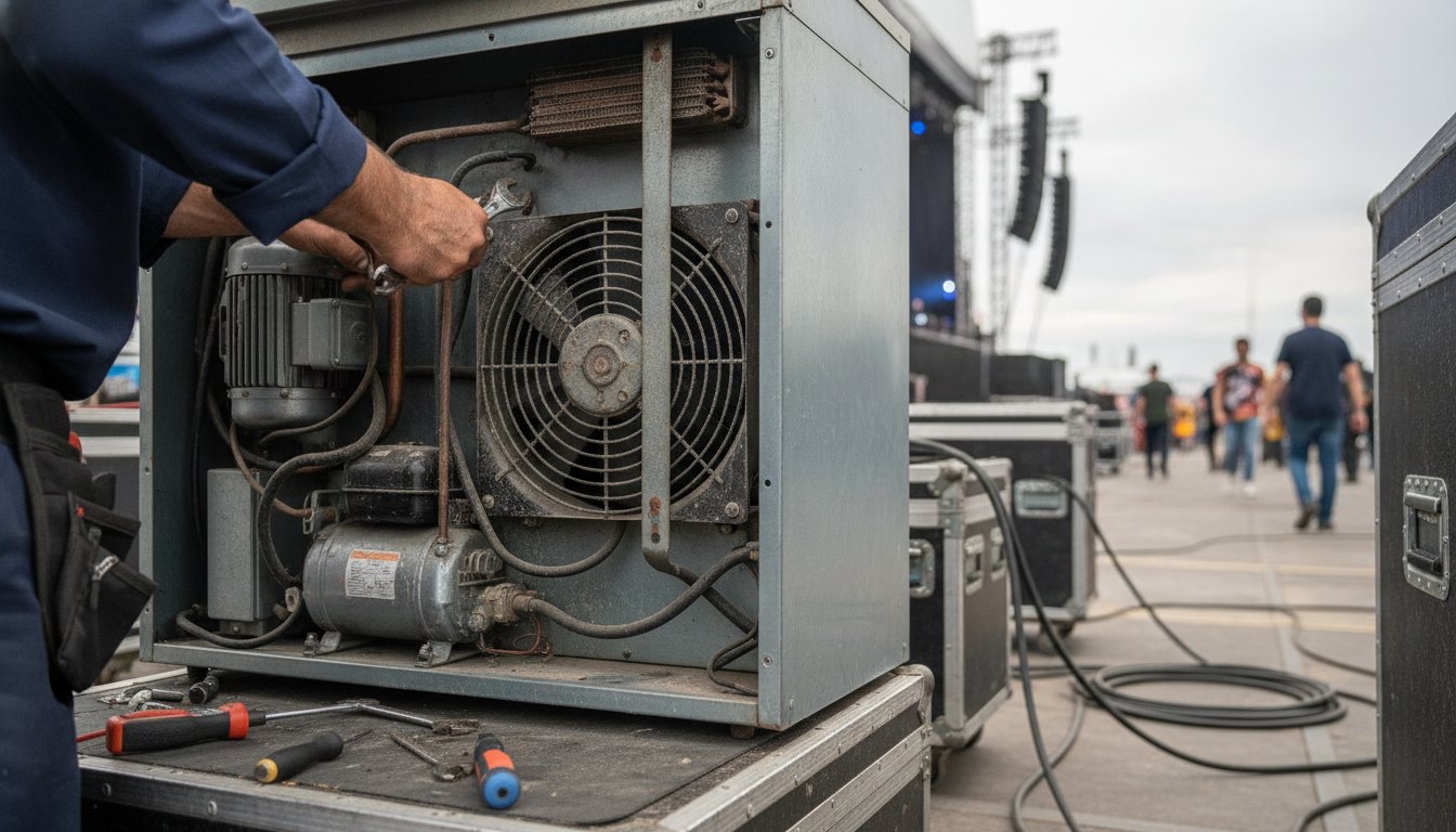 Técnico ajustando o motor de um refrigerador comercial nos bastidores de um festival de música.