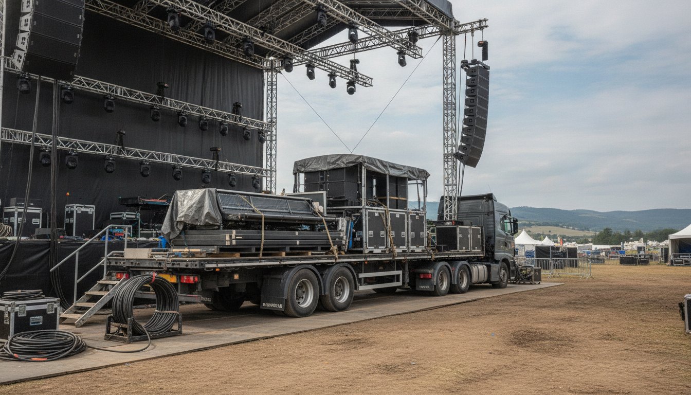 Caminhão de transporte de equipamentos parado ao lado de um palco em montagem para festival.