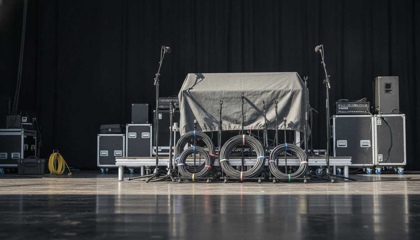 Técnico de som organizando cabos e equipamentos no palco vazio antes de um festival de música
