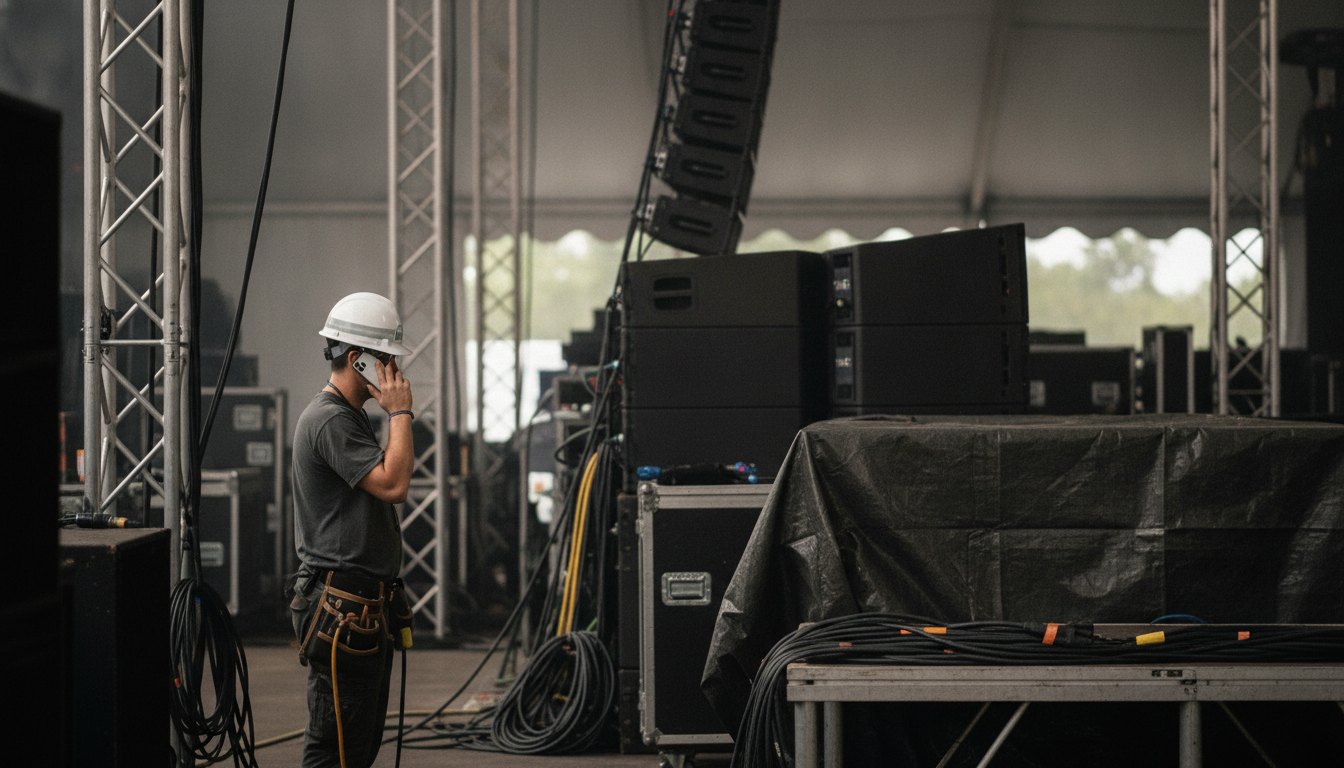 Técnico de palco com capacete conversando ao celular nos bastidores de um festival de música.