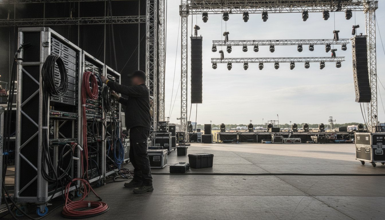 Técnico ajustando cabos e equipamentos no palco de um festival de música ao ar livre