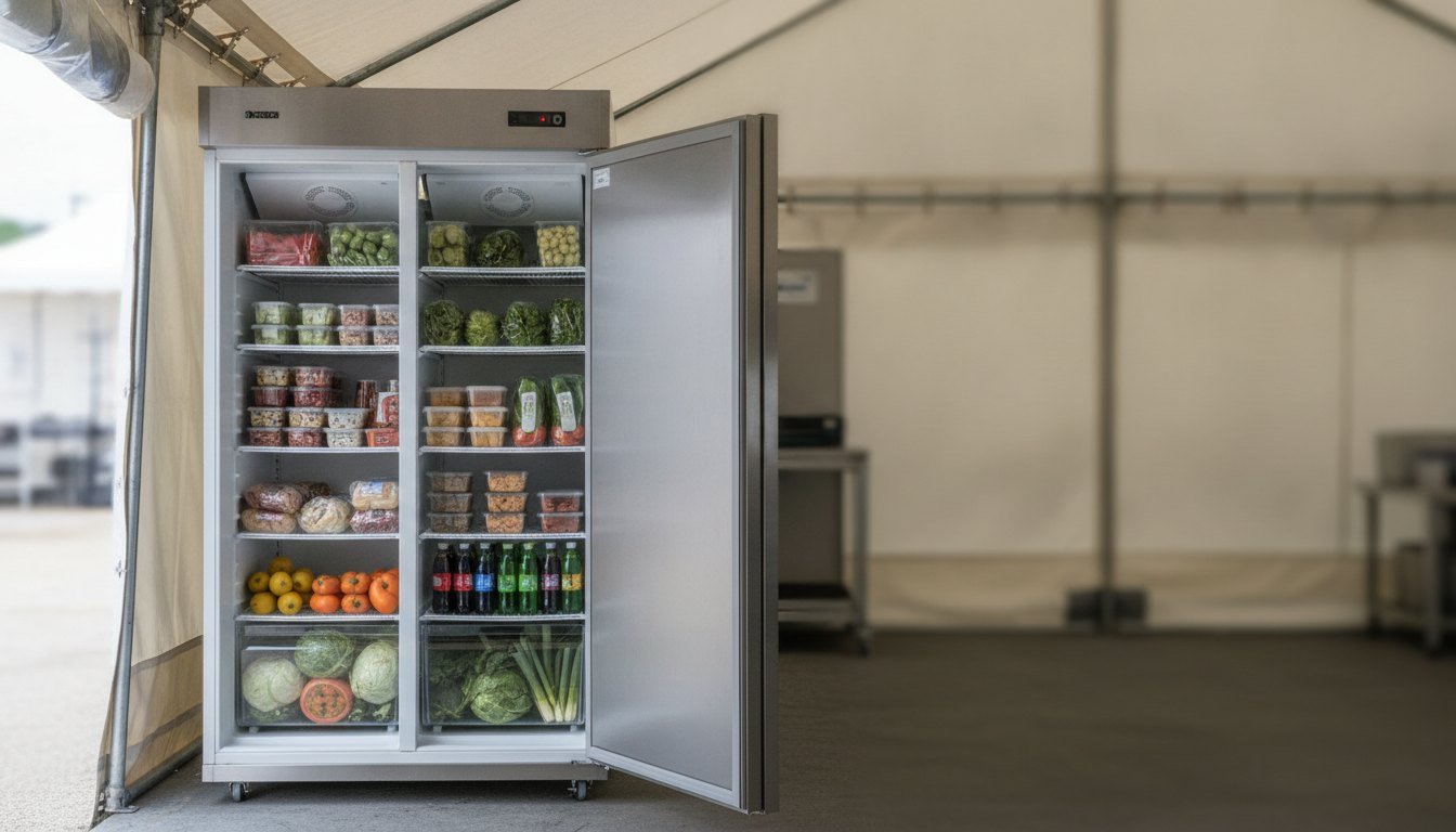 Equipe de bastidores organizando alimentos em uma geladeira comercial dentro de uma tenda provisória.