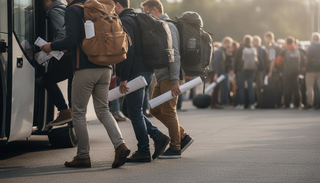 Fãs de música embarcando em um ônibus de viagem com mochilas e ingressos nas mãos.