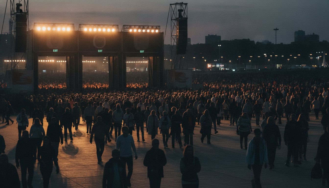 Multidão caminhando em direção aos portões de saída de um evento noturno a céu aberto.