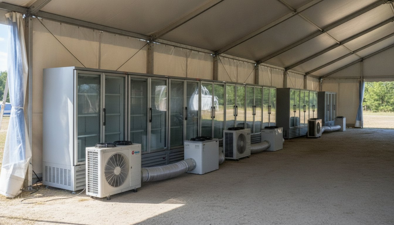 Tenda de festival com freezers comerciais alinhados e aparelhos de ar condicionado portáteis em funcionamento.