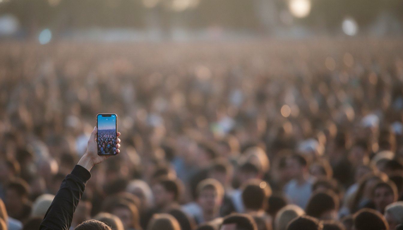 Fã segura um celular com a tela acesa no meio de uma multidão durante um show.