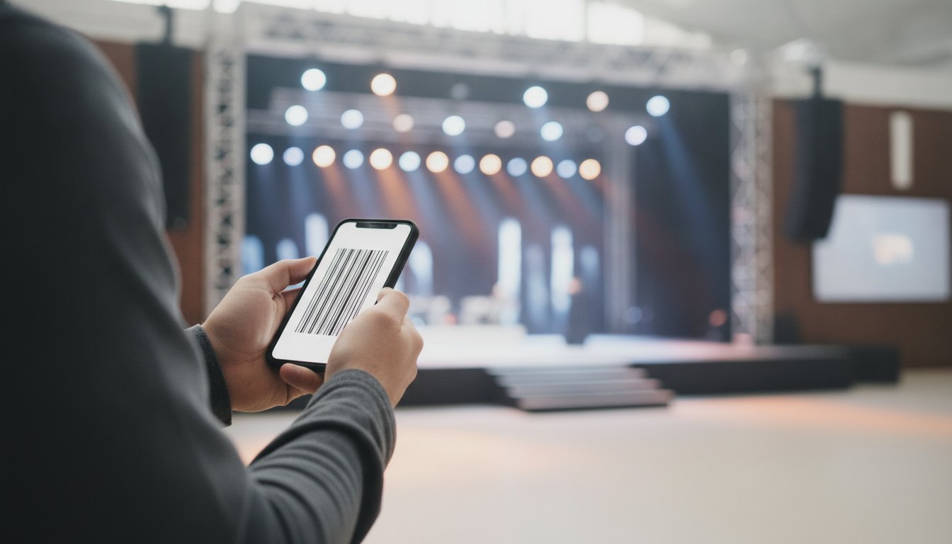 Pessoa segurando um smartphone com tela de código de barras em frente a um palco iluminado.