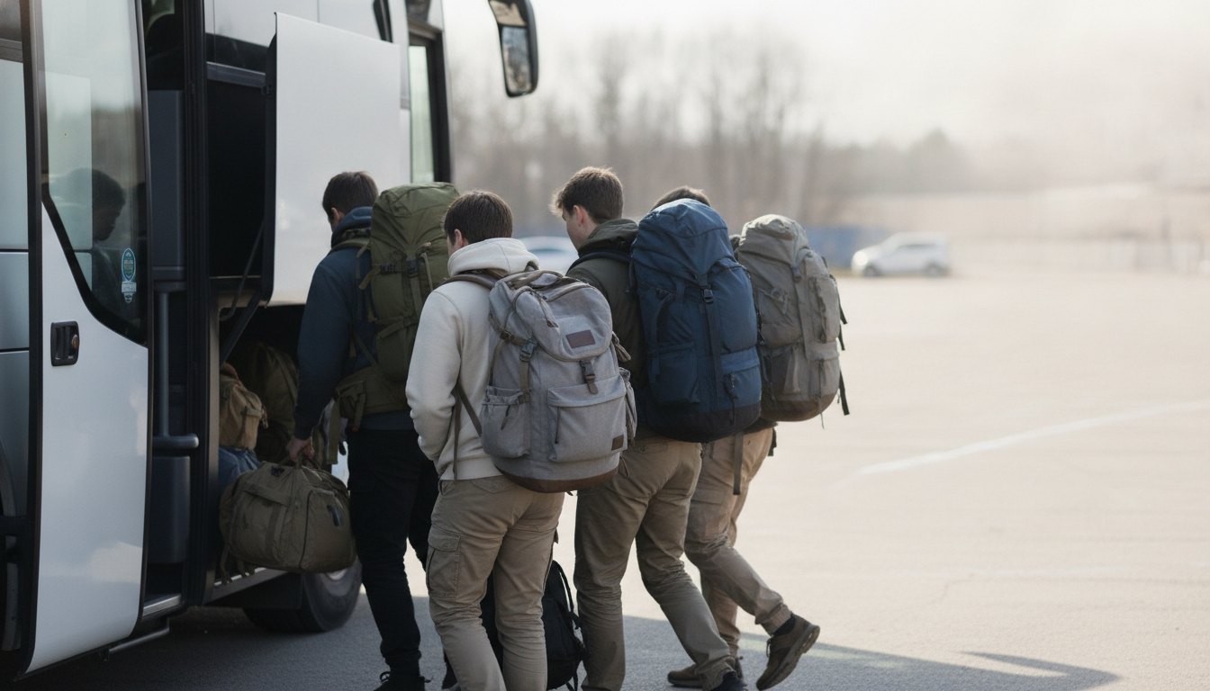 Grupo de jovens com mochilas embarcando em um ônibus de viagem durante o dia.