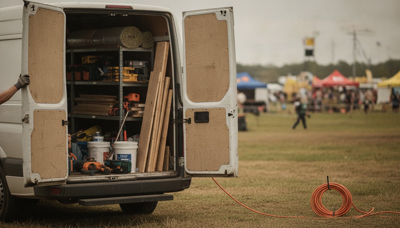 Membro da equipe de produção abrindo a porta traseira de uma van em um festival.