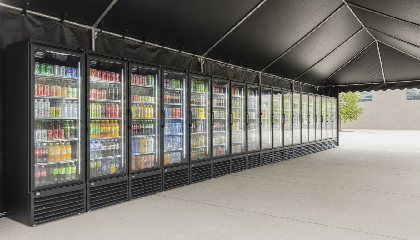 Diversas geladeiras expositoras de vidro cheias de bebidas e refrigerantes alinhadas sob uma tenda preta.