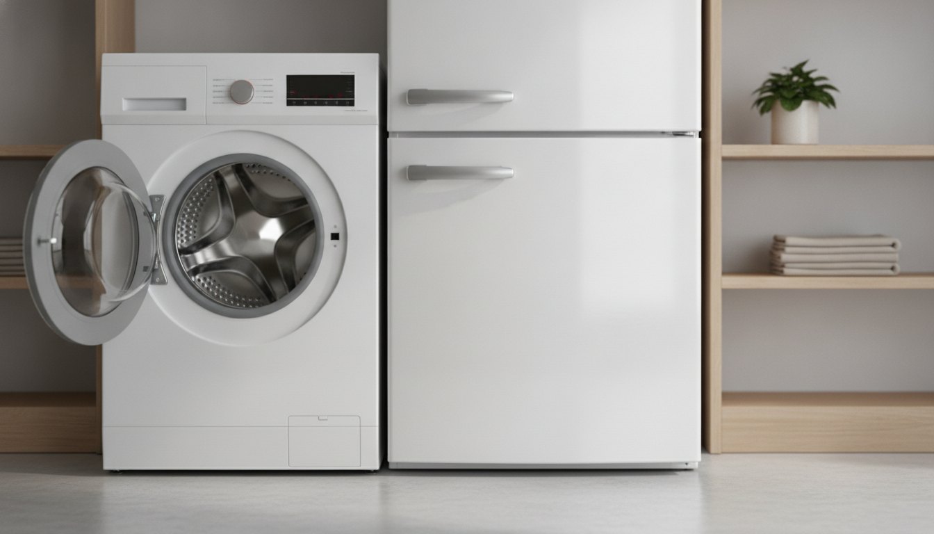 Máquina de lavar roupas aberta com cesto metálico brilhante ao lado de um refrigerador branco.