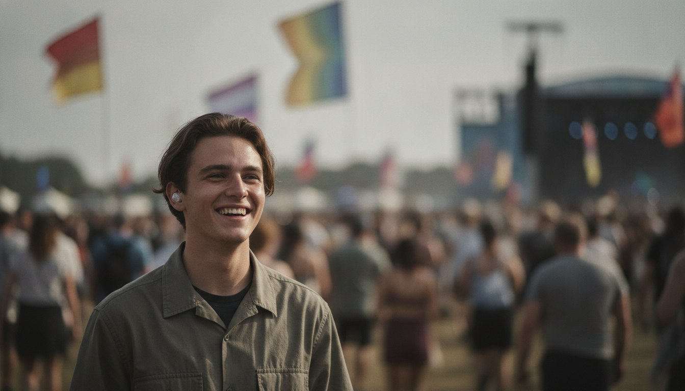 Jovem sorrindo em um festival de música usando tampões de ouvido transparentes na frente do palco.