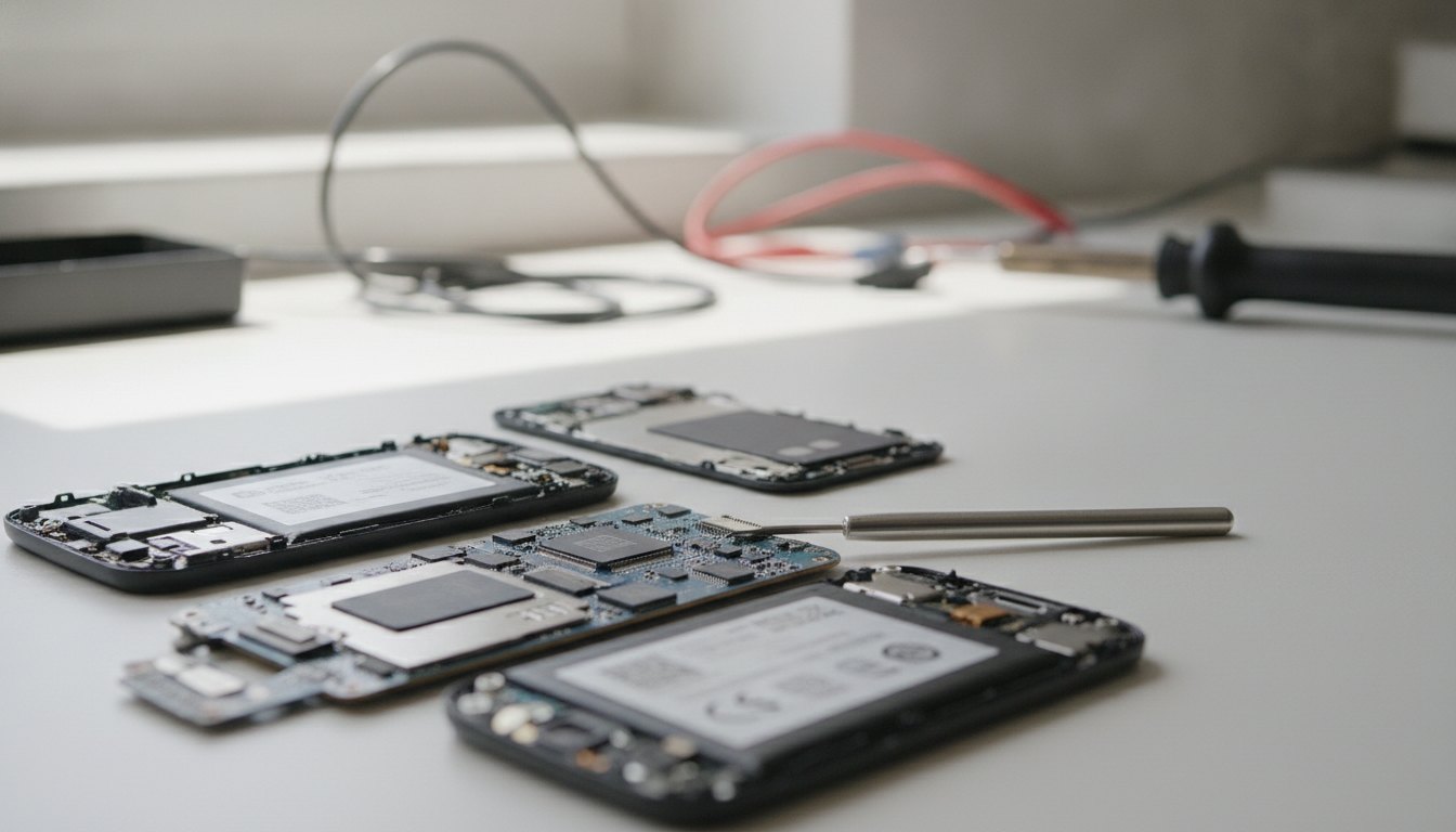 Técnico de manutenção inspecionando componentes internos de um smartphone danificado sobre uma bancada iluminada