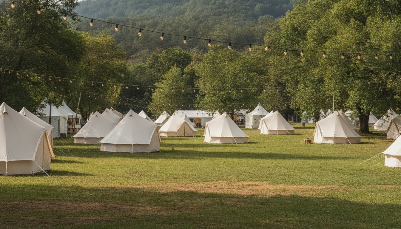 Gramado de festival de música com tendas brancas e luzes decorativas penduradas nas árvores.