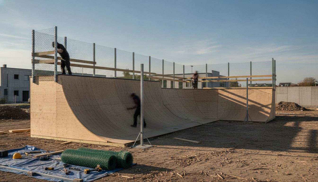 Operários instalando telas de contenção ao redor de uma rampa de skate em um espaço aberto.