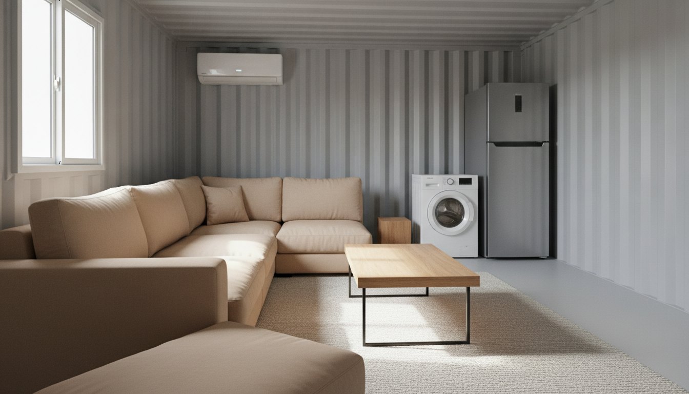Contêiner adaptado como área de descanso com sofás, ar-condicionado de janela, geladeira e lavadora