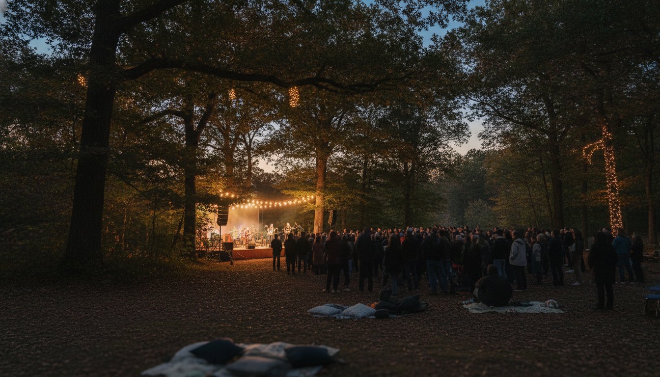 Multidão assistindo a um show em um palco baixo com iluminação intimista e árvores ao redor.