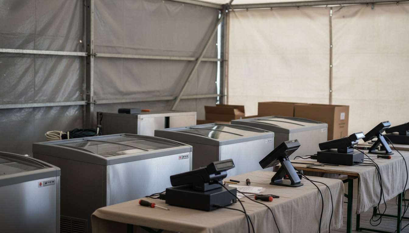 Técnicos inspecionando freezers e terminais de pagamento em um estande gastronômico durante a montagem do festival.