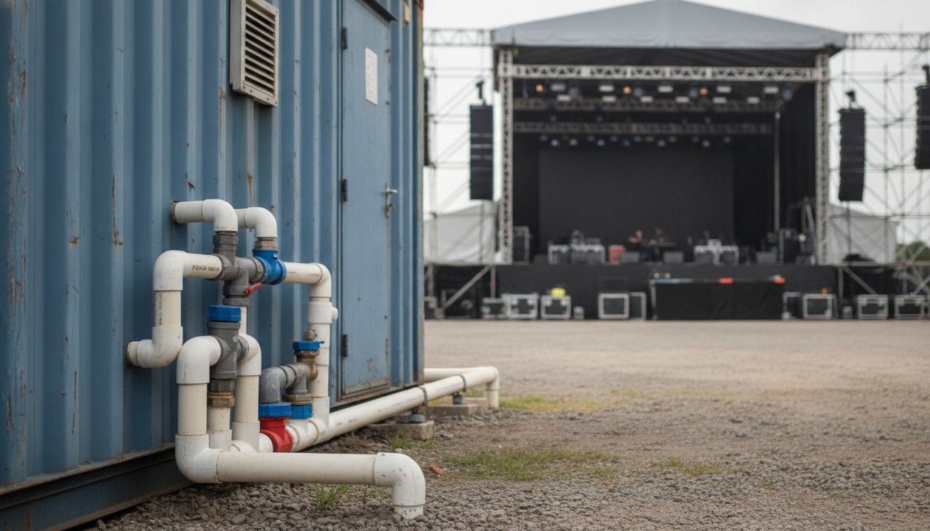 Tubos de PVC expostos conectados a um contêiner de camarim atrás de um palco de show