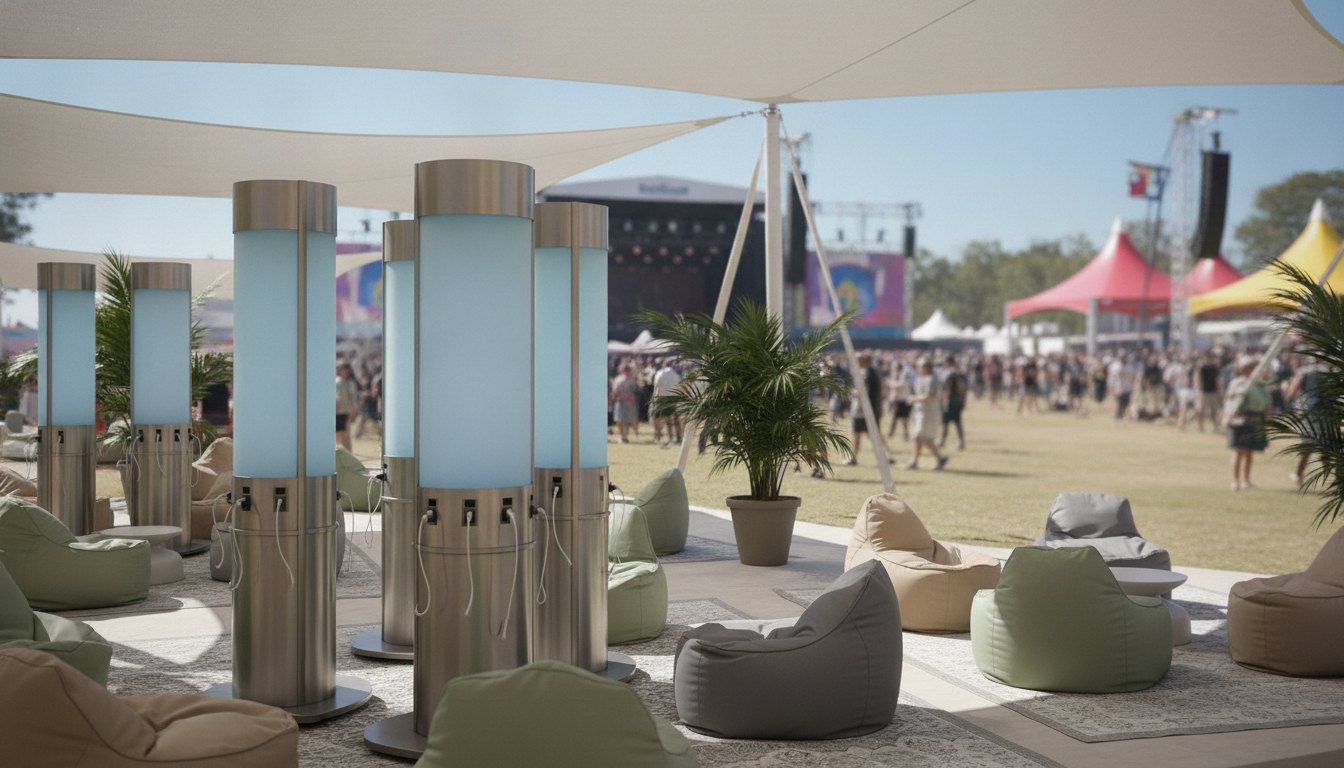 Totens de recarga de celulares iluminados em uma área de descanso de festival de música.